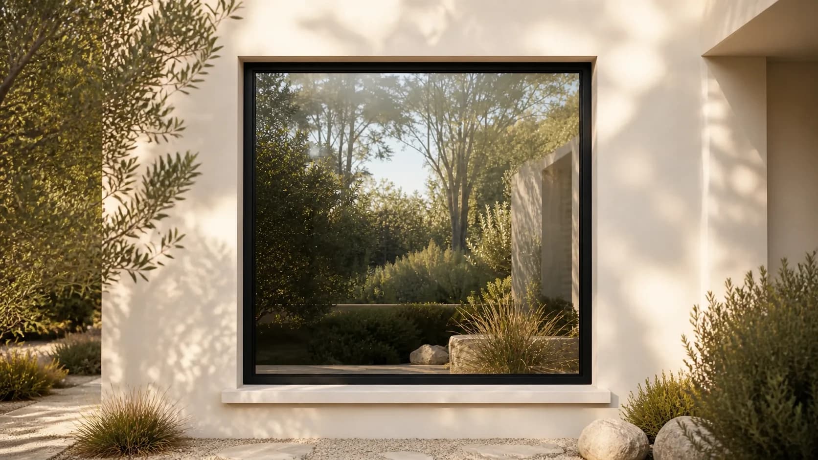 Architectural aluminium windows framing a refined residential outlook